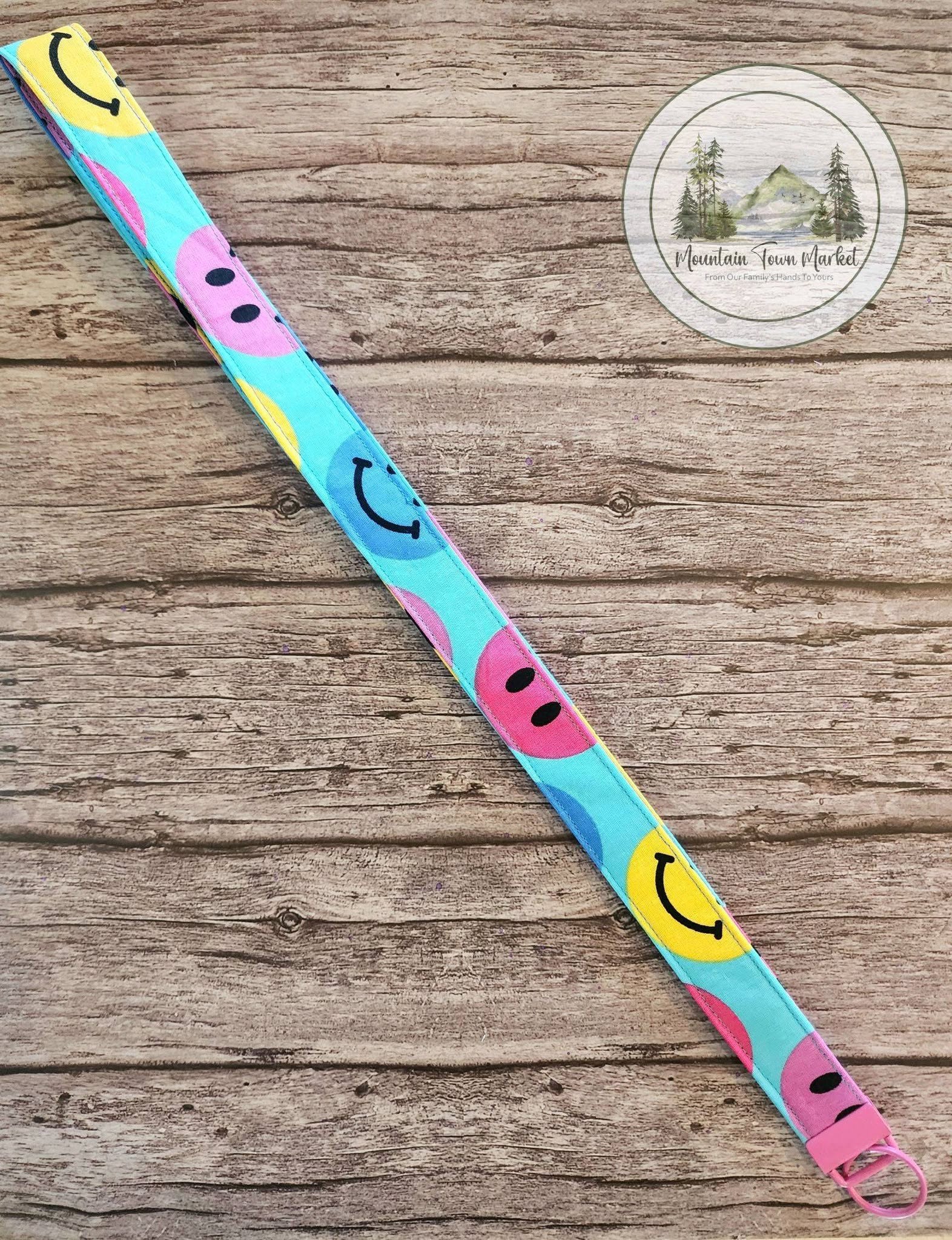 Smiley Face Laynard with Pink Hardware