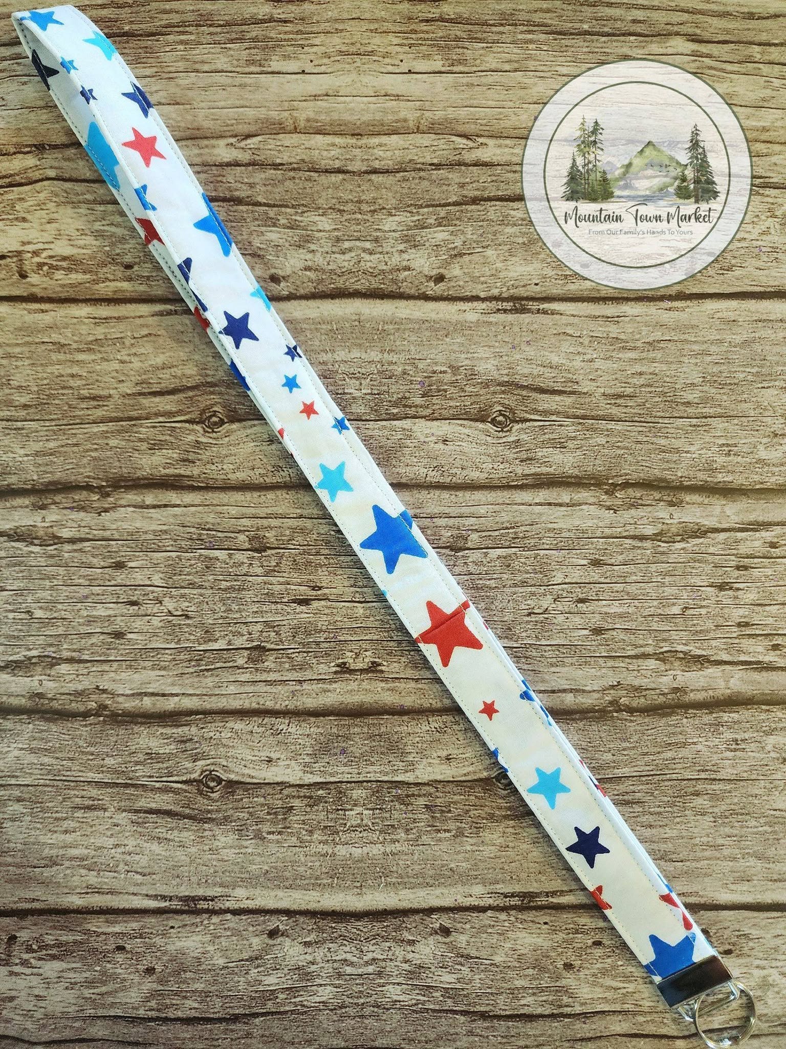 Red White and Blue Star Laynard with Silver Hardware
