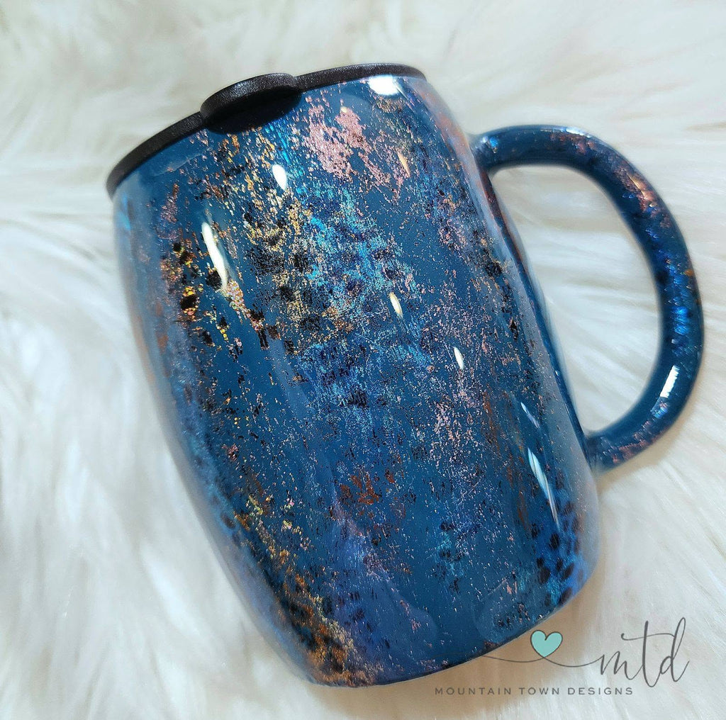 Teal Coffee Mug Tumbler with Blue and Gold Leopard spots and Gold and Brond Strokes