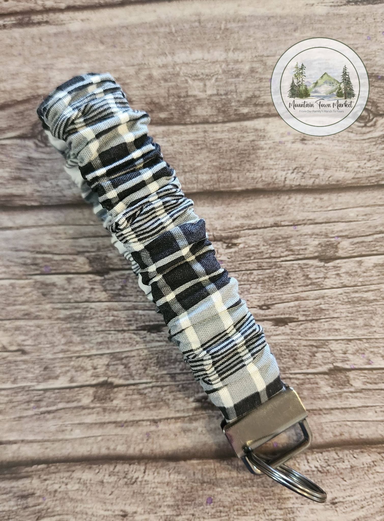 Black Plaid Small Scrunch Keychain with Gunmetal Grey Hardware