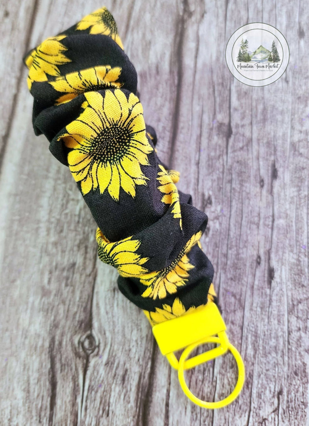 Black Sunflower Scrunchie Wristlet with Yellow Hardware