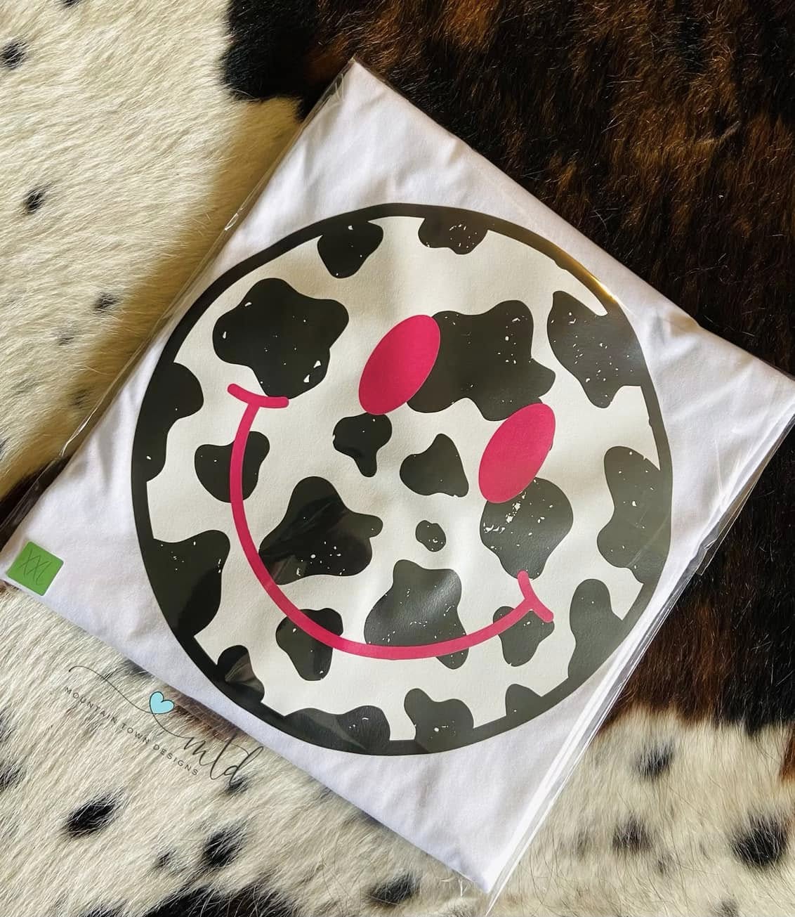 Cow Print Smiley Face Tshirt - Size 2XL