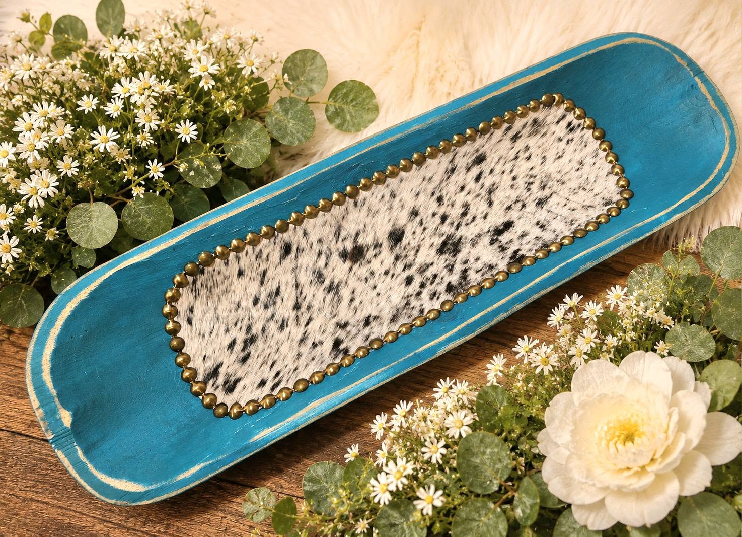 Turquoise Cowhide Wooden Accent Piece
