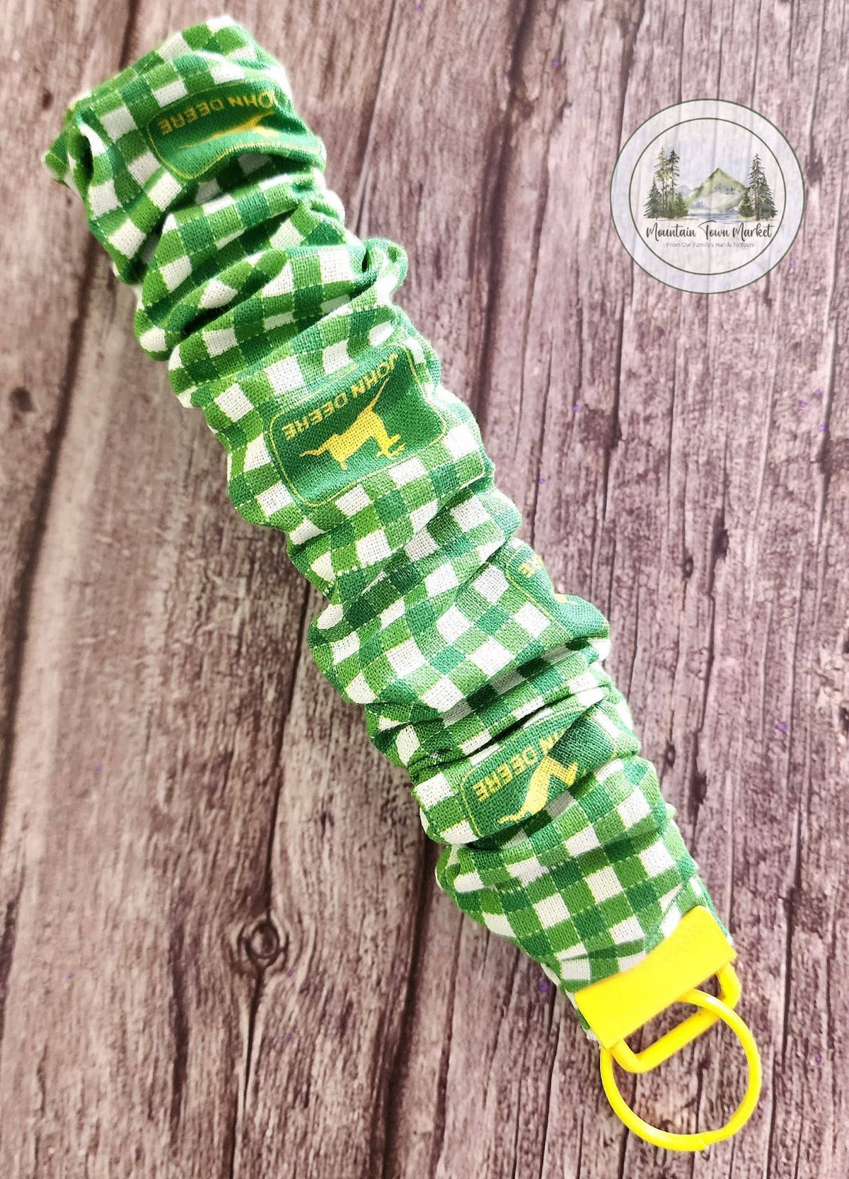 John Deer Scrunchie Wristlet Keychain With Yellow Hardware