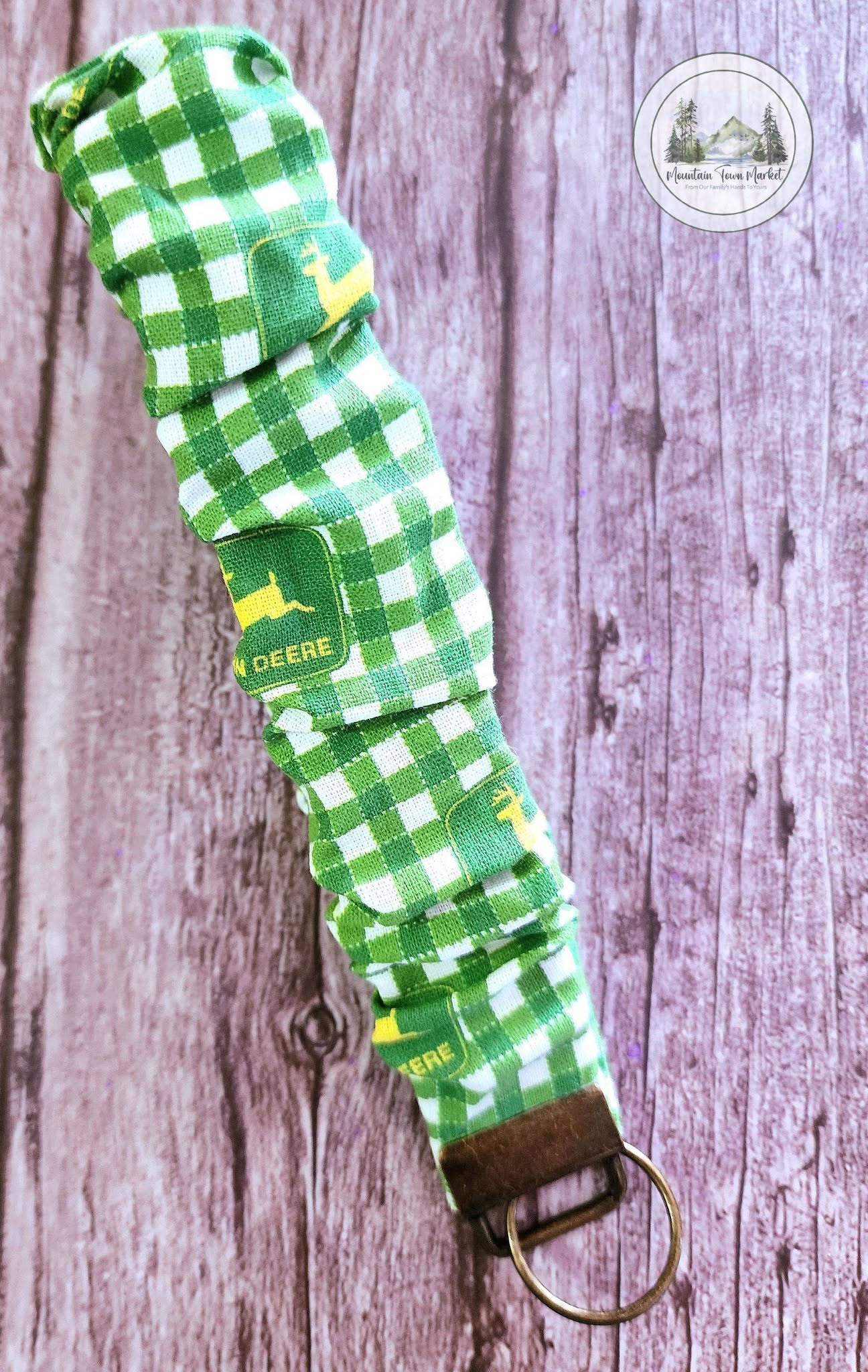 John Deere Scrunchie Wristlet Keychain with Brushed Metal Hardware