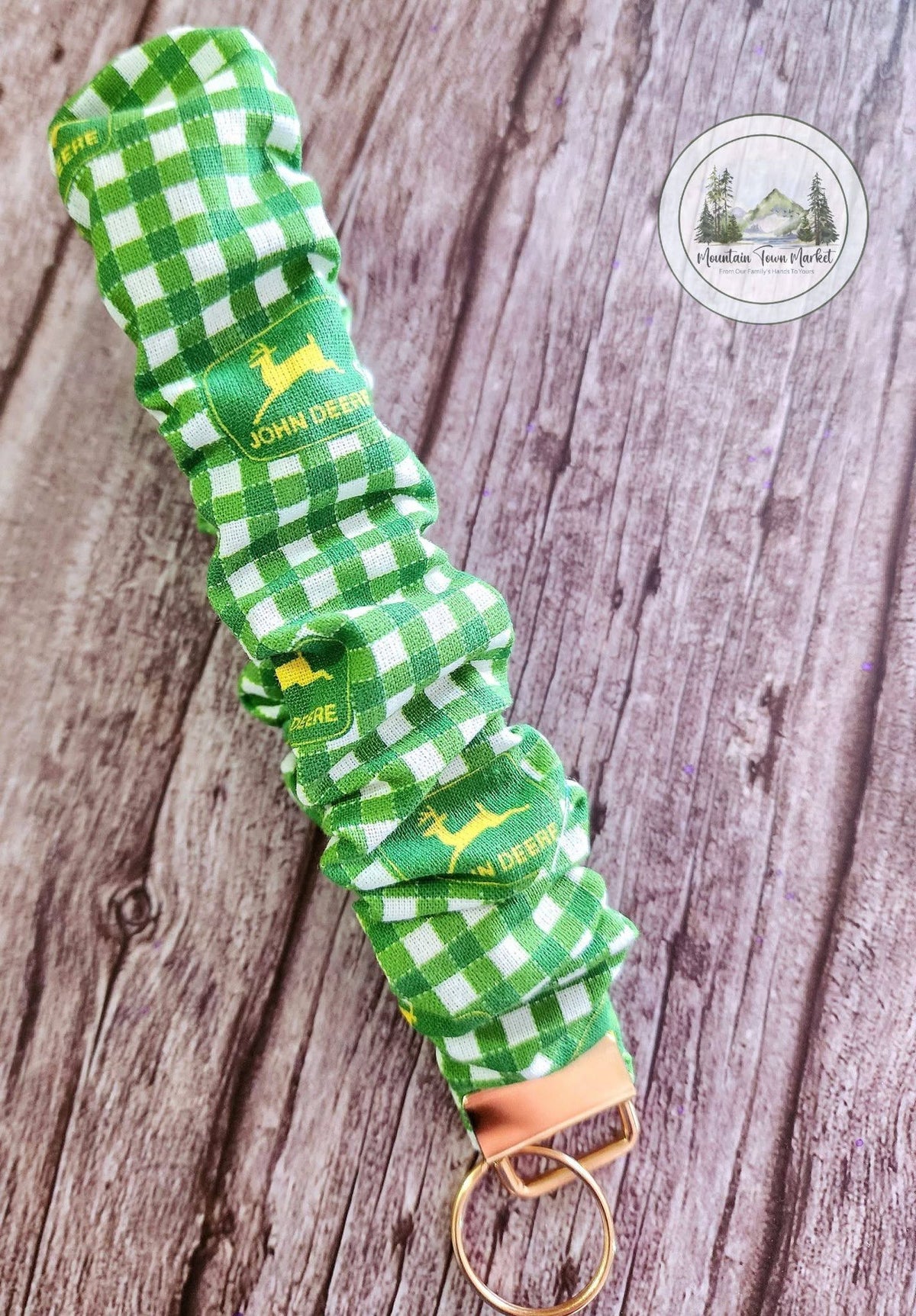 John Deer Scrunchie Wristlet Keychain with Gold Hardware