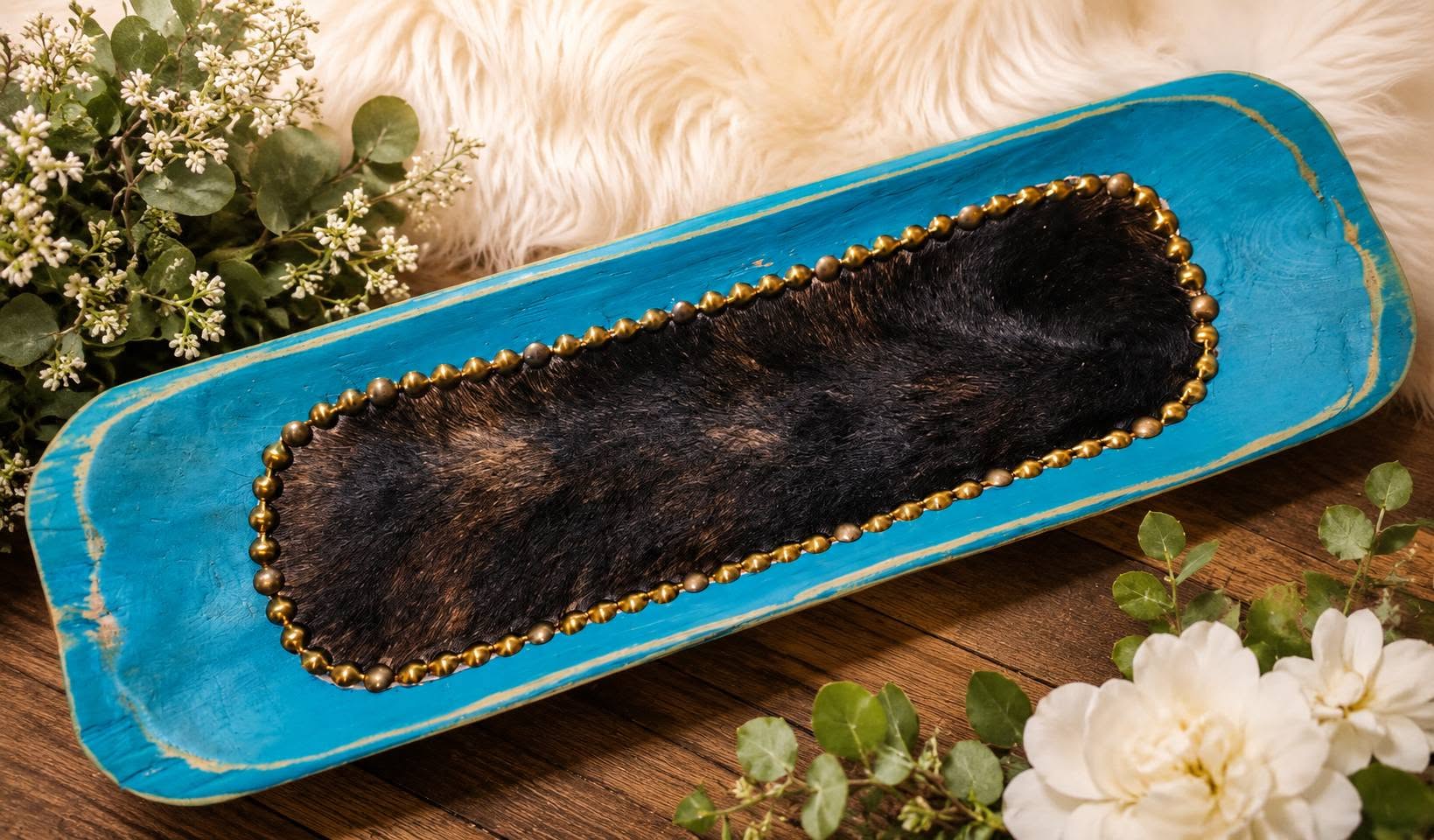 Turquoise Cowhide Wooden Accent Bowl