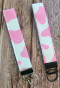 Pink Cow Print Wristlet Keychain Silver Key Ring