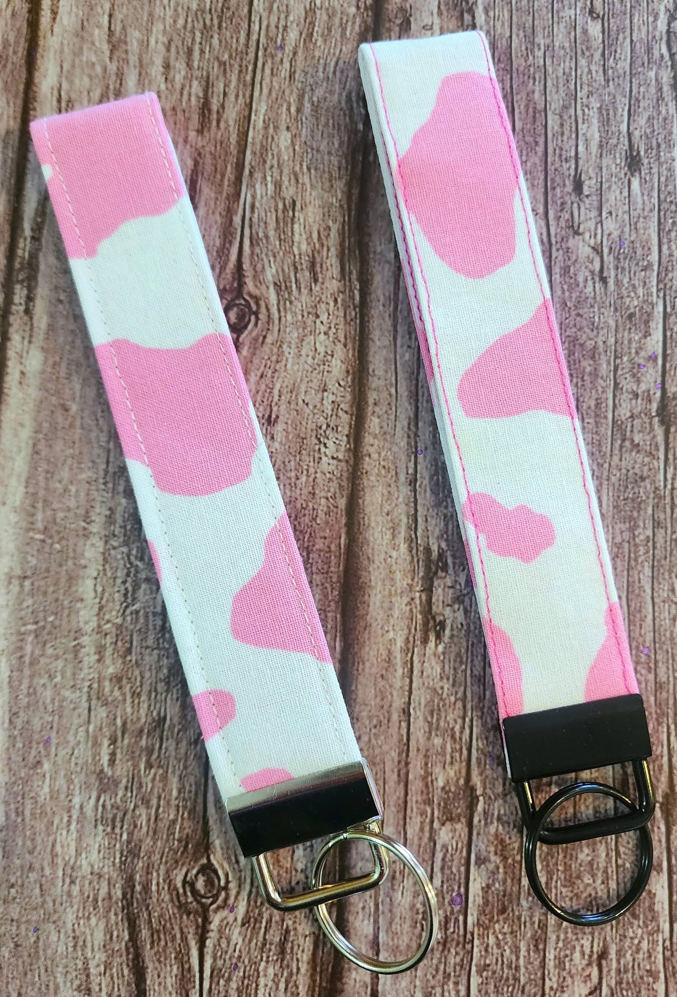 Pink Cow Print Wristlet Keychain Silver Key Ring