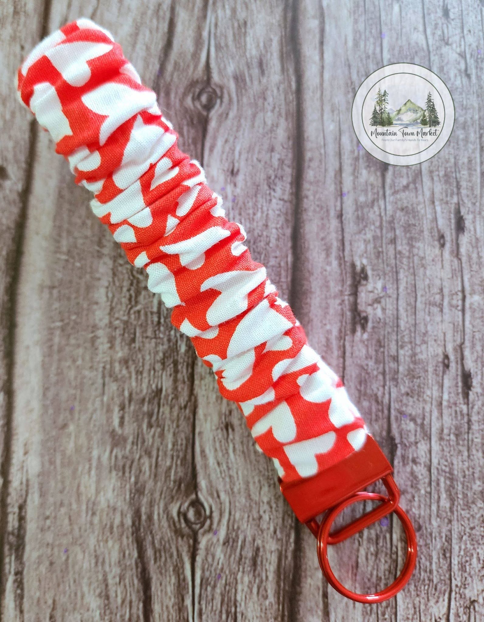 Red and White Heart Small Scrunch Keychain with Red Hardware