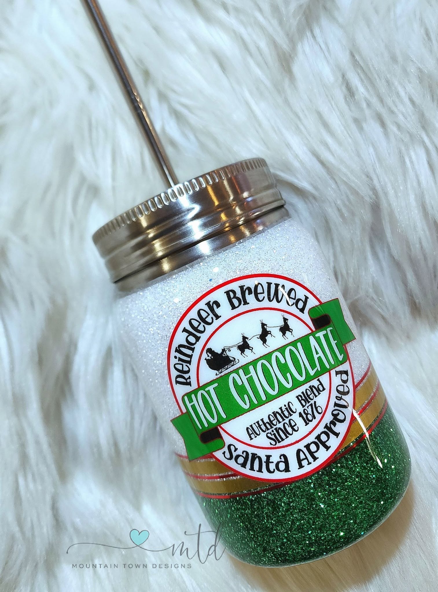 Reindeer Brewed Hot Chocolate Glitter Epoxied Tumbler 14oz