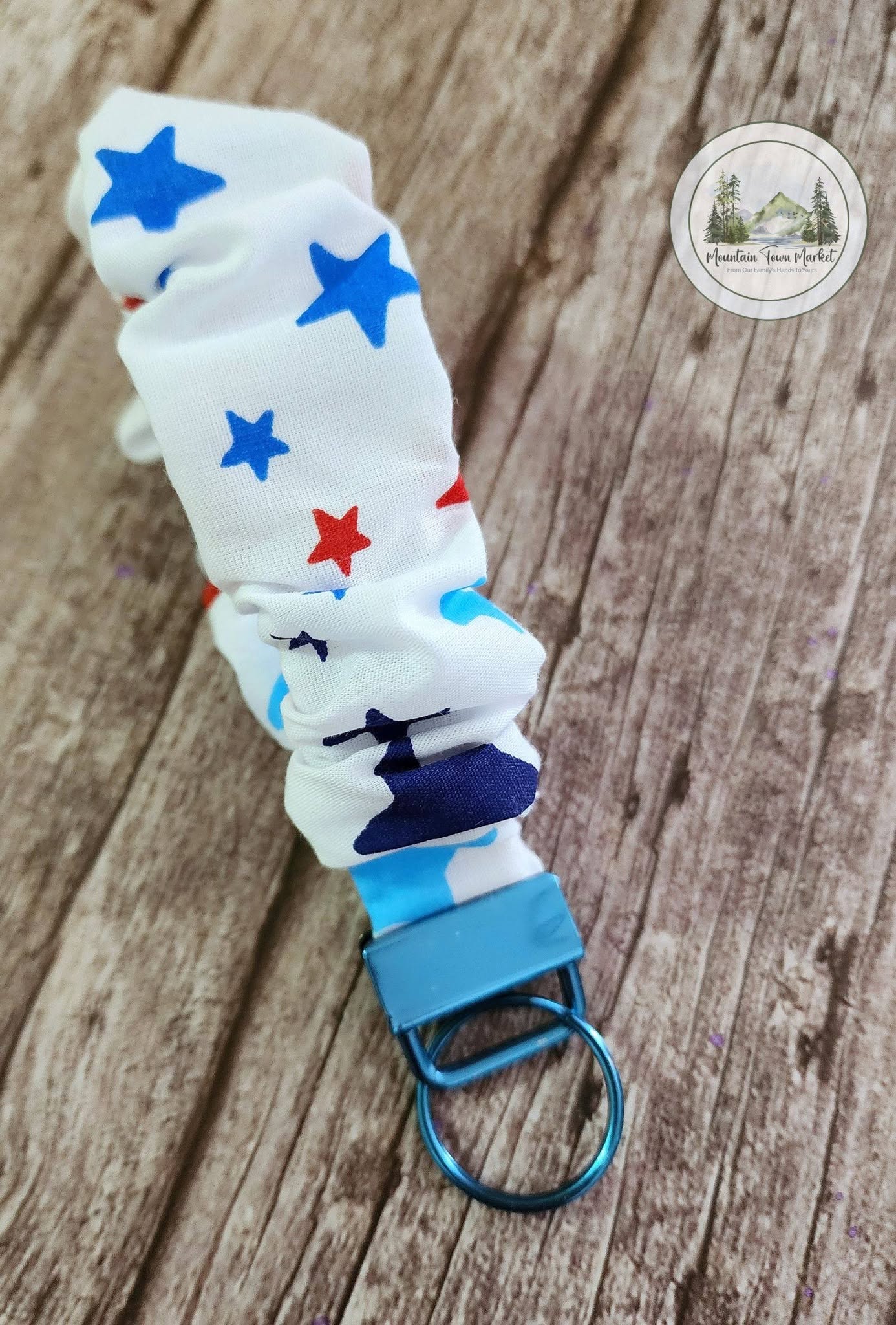Star Scrunchie Wristlet Keychain with Blue Hardware