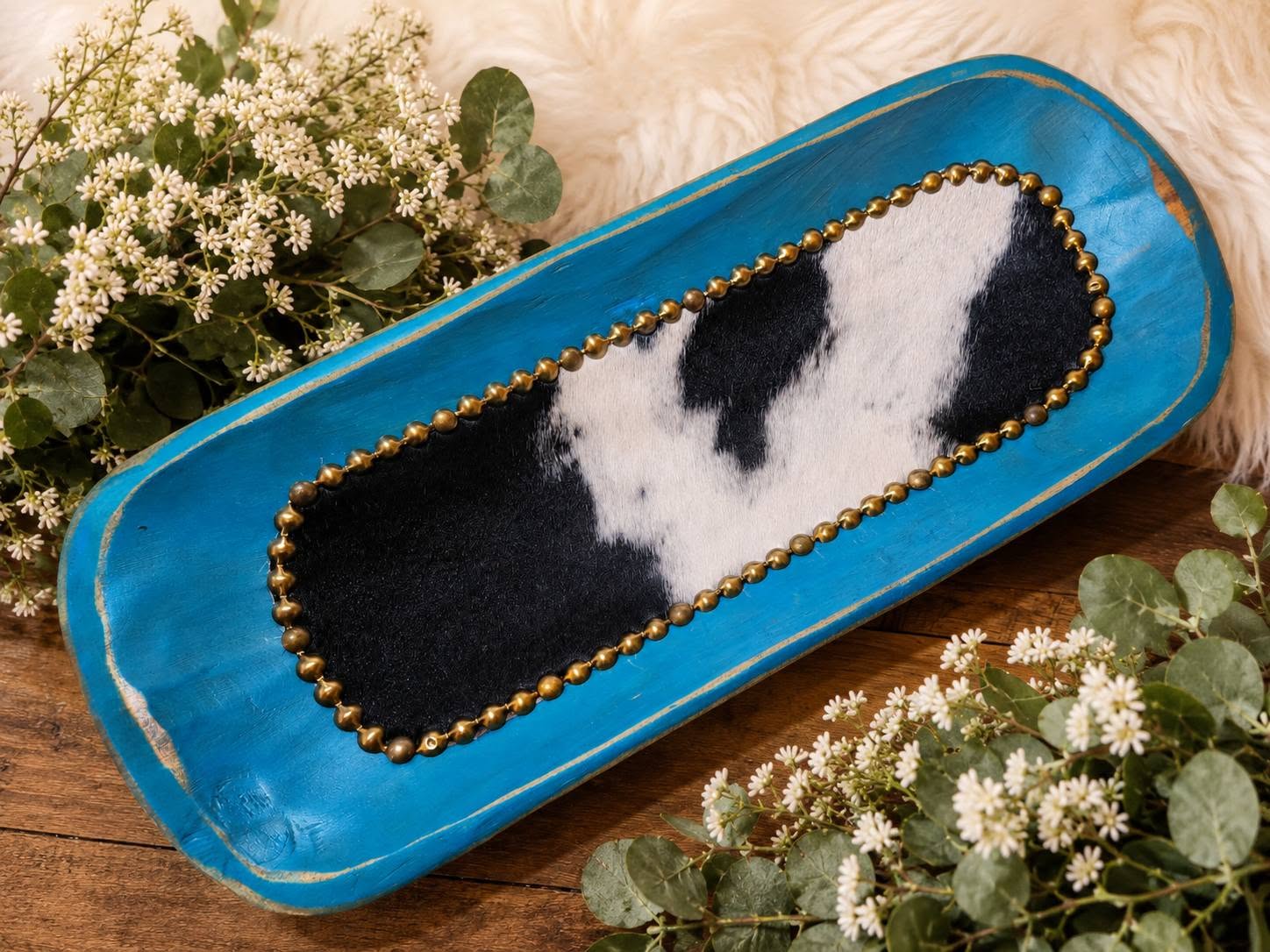 Turquoise Cowhide Wooden Accent Bowl