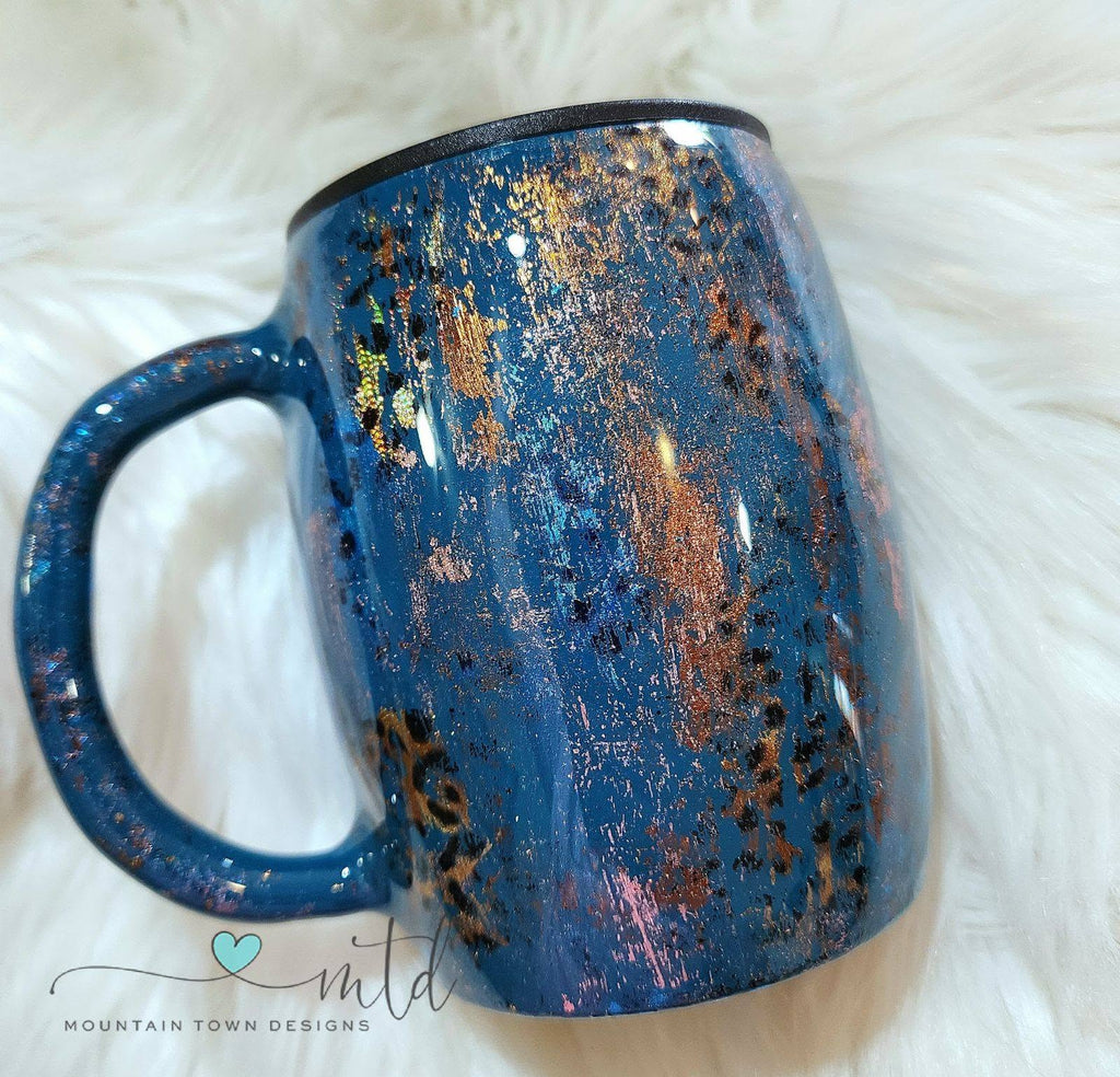 Teal Coffee Mug Tumbler with Blue and Gold Leopard spots and Gold and Brond Strokes