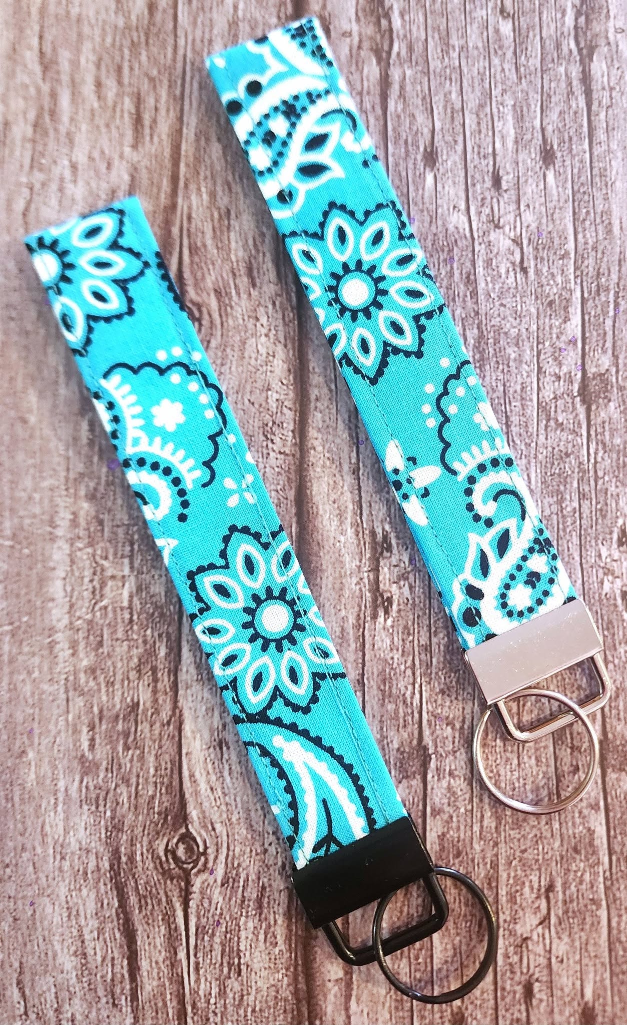 Turquoise Paisley Key Fob with Black Hardware