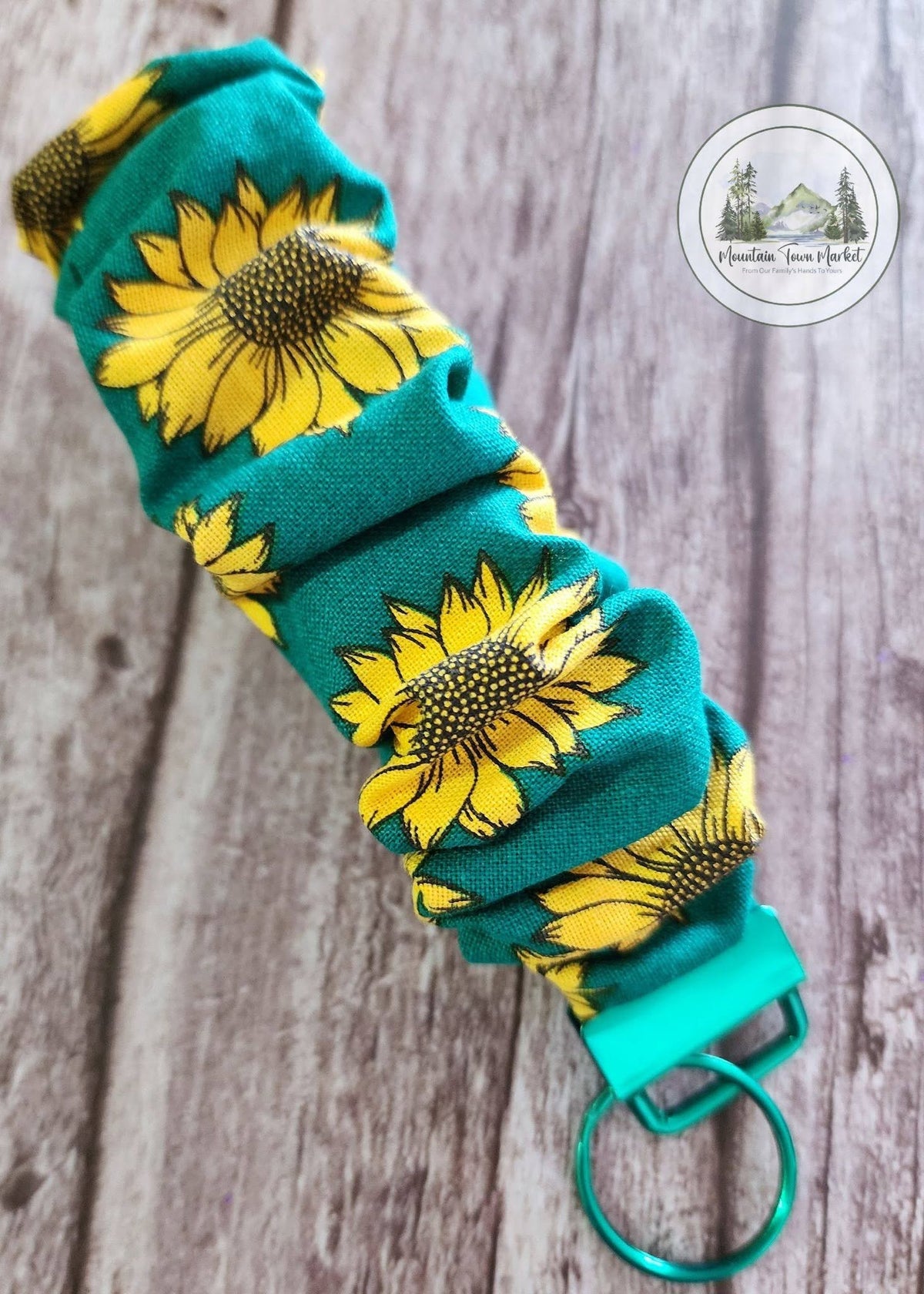 Turquoise Sunflower Scrunchie Wristlet Keychain