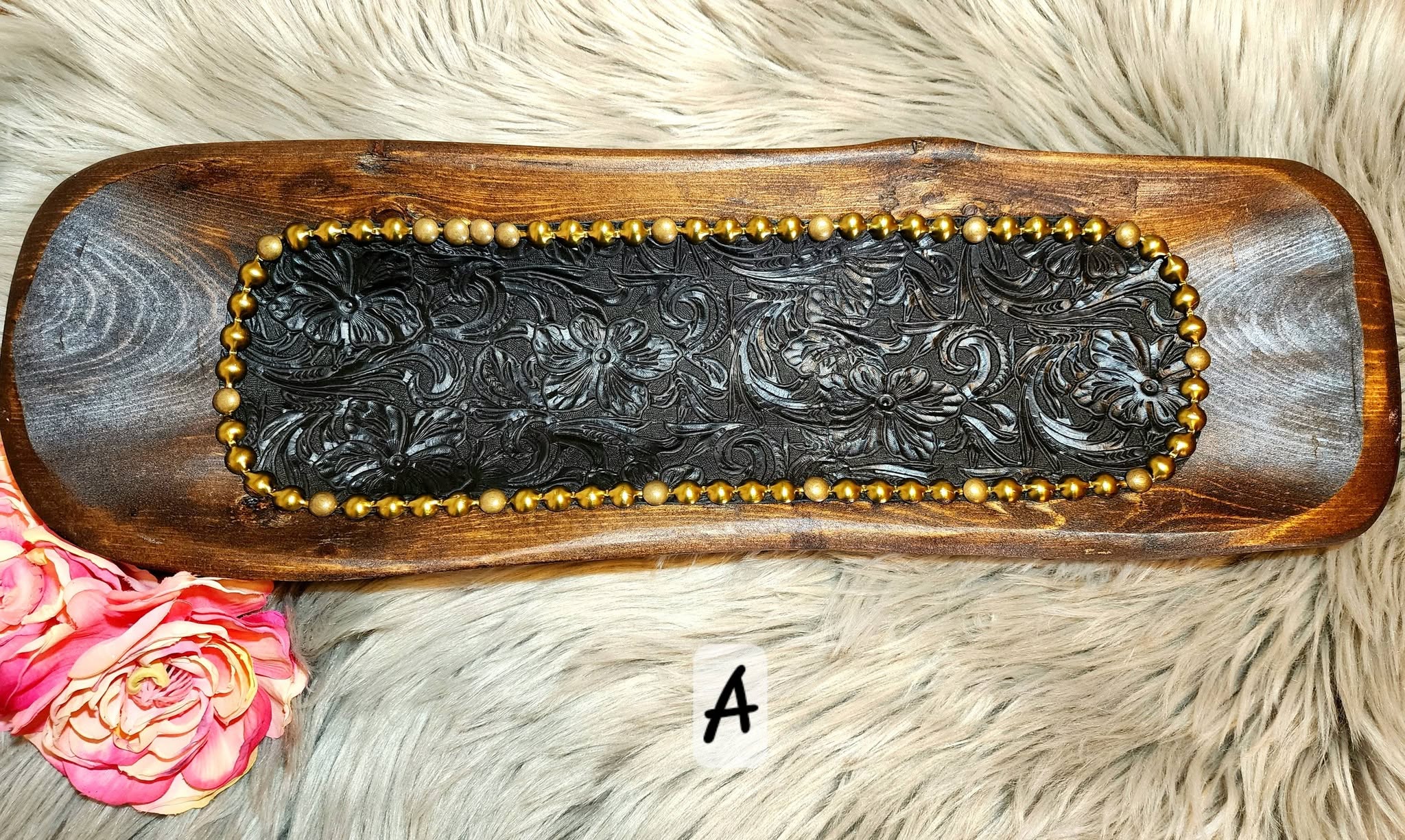 Handcarved Wooden Accent Bowl with Authentic Leather