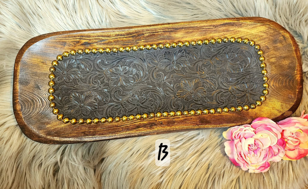 Western Decorative Handcarved Accent Bowl with Genuine Leather Inlay